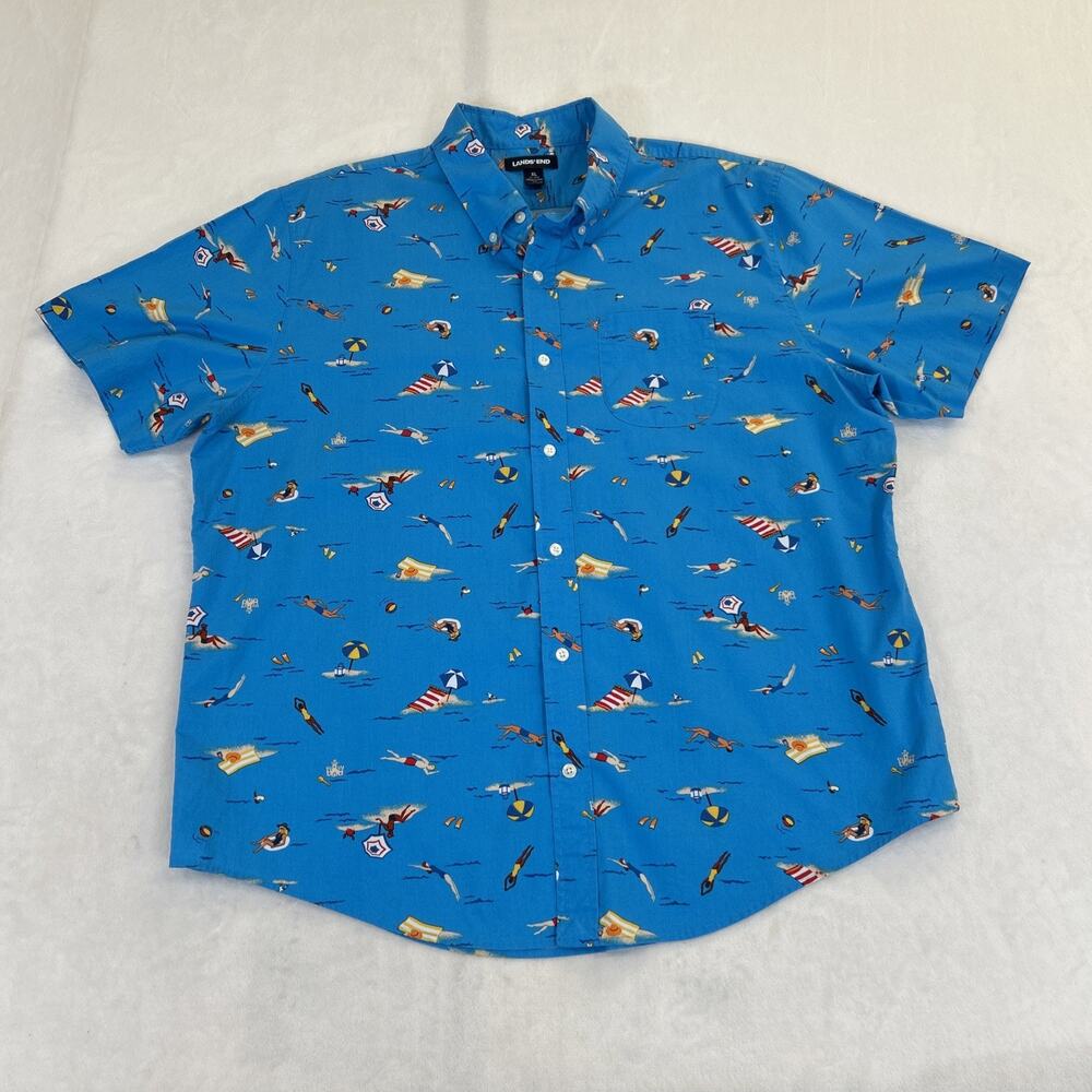 Lands End Men Tropical Beach Coastal Swimming Button Down Shirt XL Bnfts Charity